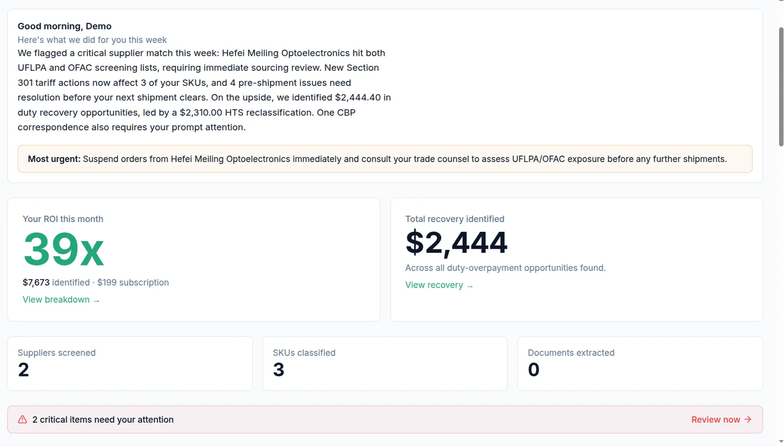 Tariffloop weekly summary dashboard flagging new Section 301 tariff actions, a UFLPA/OFAC supplier match, duty recovery opportunities, and ROI this month.